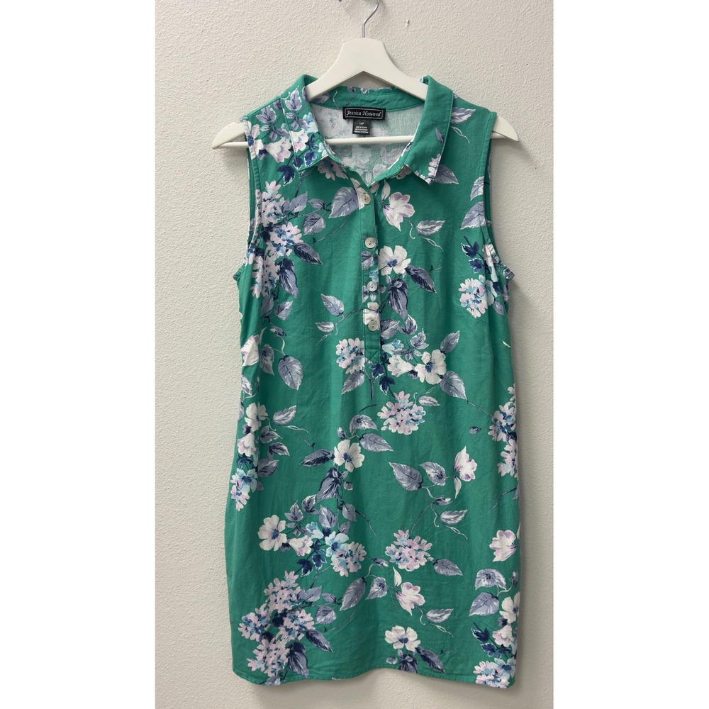 Jessica Howard Floral Shirt Dress 14P Green Linen Blend Mini Cottagecore Summer